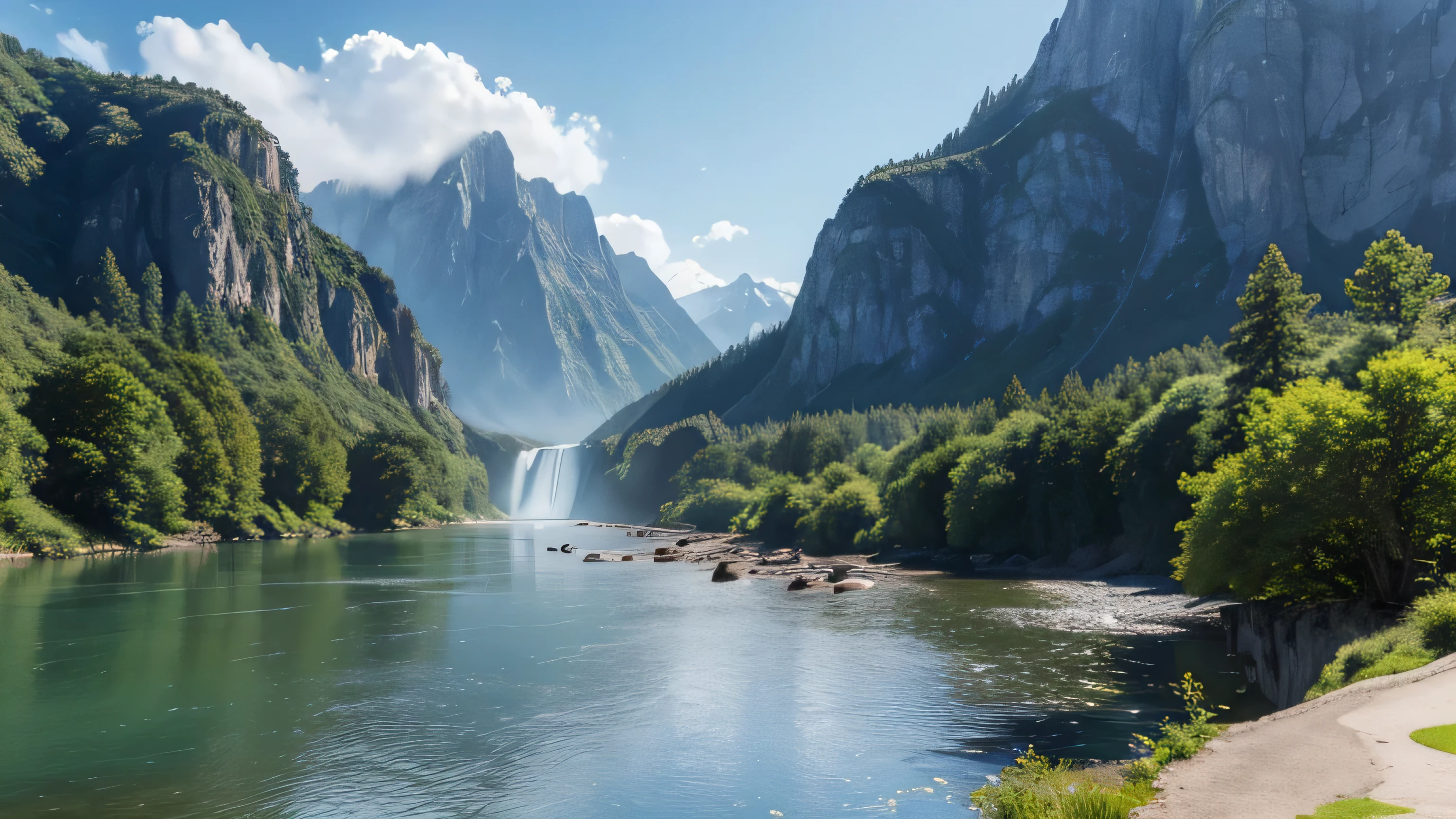 masterpiece, best quality, high quality, Extremely detailed CG unity 8k wallpaper, landscape, outdoor, Sky, cloud, Sky, No humans, Mountain, landscape, water, Tree, blue Sky, waterfall, cliff, nature, lake, river , cloudy skies, Award-winning photography, Bokeh, Depth of Field, HDR, bloom, Chromatic Aberration, Photorealism, Very detailed, Popular on artstation, Popular on CGsociety, complex, High Detail, dramatic, Art on the go