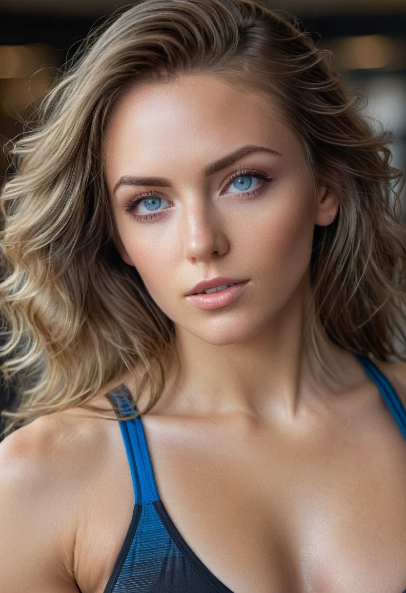 Valeria Del Sol, a beautiful woman, is captured in a natural, photorealistic image as she leans over in the gym. Her long, flowing hair cascades down her back, framing her symmetrical face and captivating blue eyes that lock directly with the camera. She wears a loose crop top that highlights her athletic figure and confidence. The image uses path tracing and specular lighting to emphasize the intricate details of her hair and the volumetric light on her face, creating visible shadows that add depth and realism. This ultra-detailed photograph captures Valeria's vibrant energy and elegance in a dynamic gym environment.