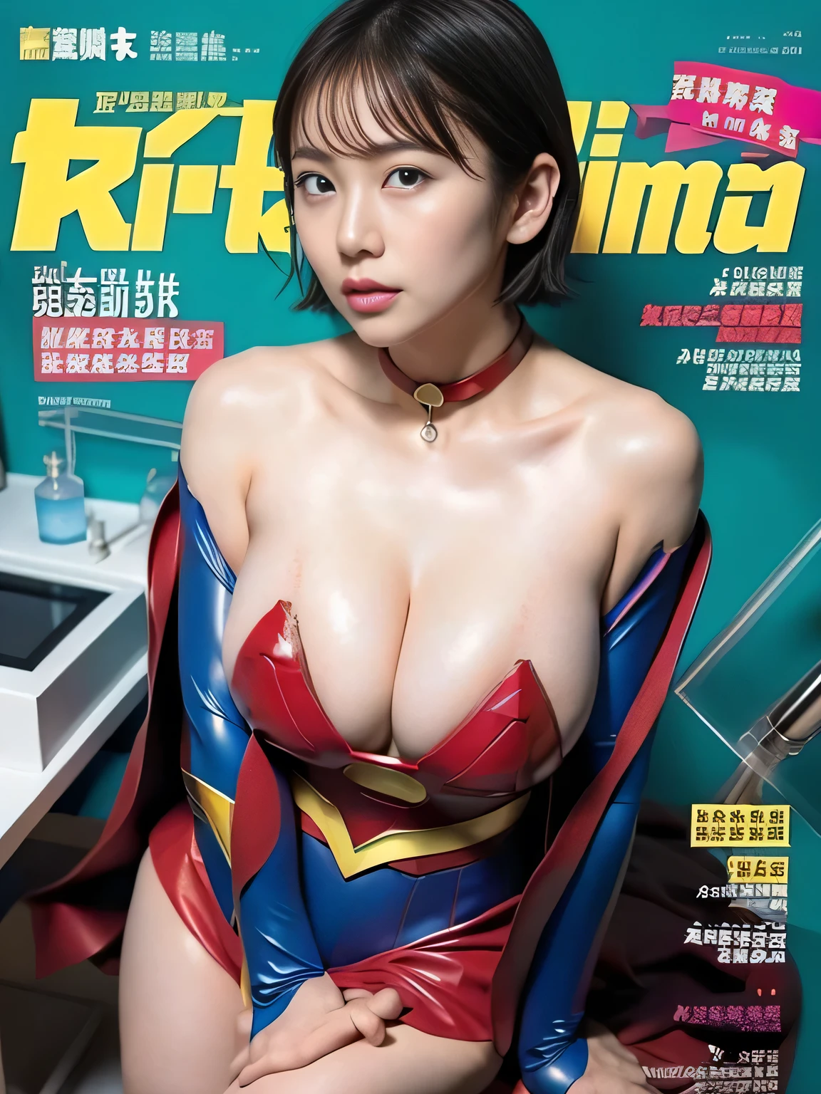 masterpiece、Rubber Supergirl Costume、short hair、barefoot、Big and ample breasts、looking at the camera、choker、Long sleeve、Cape、mini skirt、Off the shoulder、Sweaty skin、In front of the experimental equipment in the laboratory、Photo magazine cover、Glamorous cleavage、Boasting beautiful legs、High leg leotard、Bare legs、wallpaper for pc、