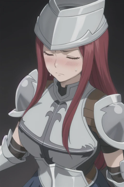 masterpiece, absurdres , (intricate details), (colorful), erza scarlet, (aroused facial expression), (closed mouth), closed eyes, blush, sweat, armor, breastplate, gauntlets, shoulder armor, black skirt, (steel helmet), large breasts, (simple dark background)