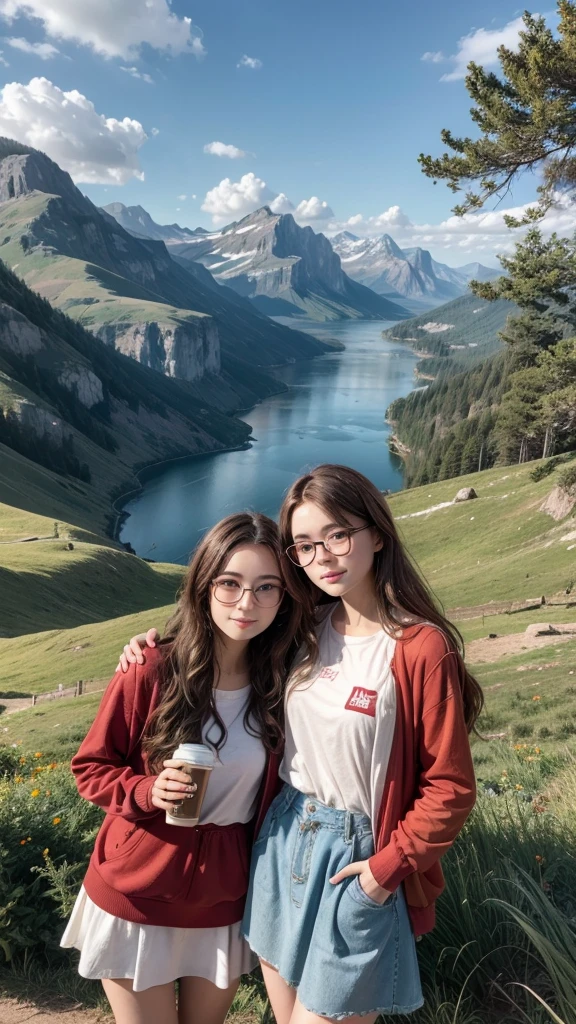 Two twins with glasses, red and white clothes, with wavy brown hair,of a landscape,a mate and a thermos