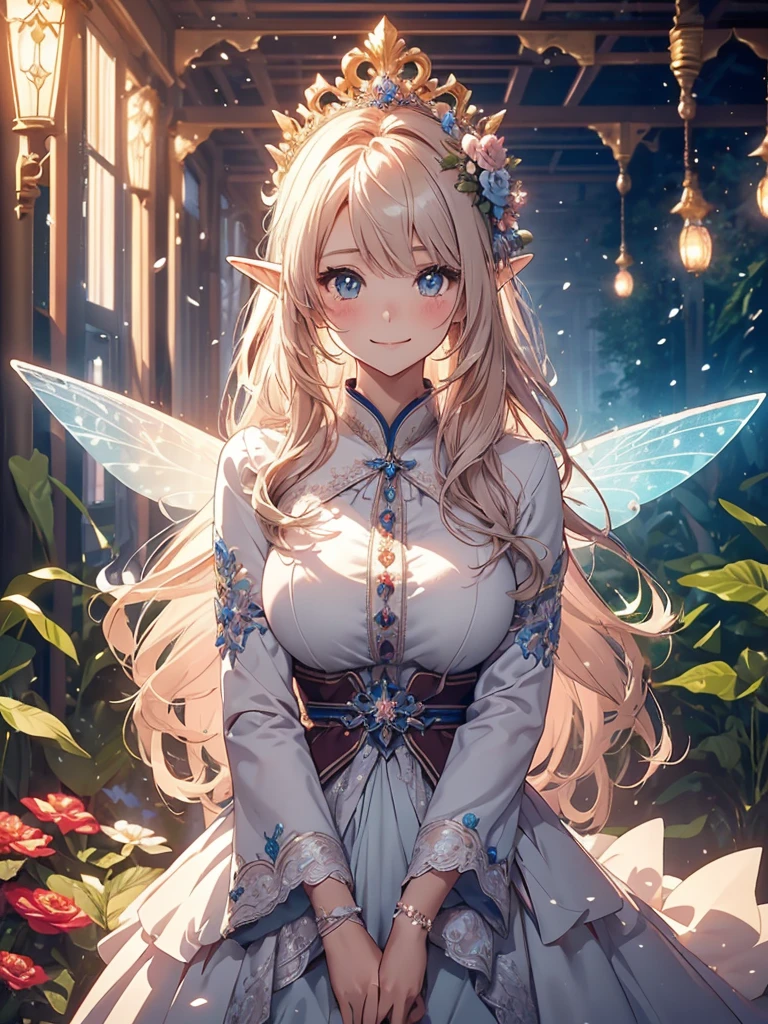最high quality、1 woman elf on screen 、Beautifully decorated  dress、Beautiful foam、、CourtyardShining fairy wings、Flower fractal art　　Beautiful Nature　Crystal of snow、beautiful 　、Bigger on the screen((cowboy shot 　))　((  beautiful dress,,))Beautiful radiance,High-definition depiction, Realistic, 8k, Unity, beautiful Shot, , Beautifully and vividly drawn, , Beautiful, beautiful, clear skin、sexly,beautiful underwear,Countless rays of light pouring down, Swirling Light, Raise one arm above your head, Intense light is emitted from the magic circle in front of the girl.   forest、Lots of leaves、green leaves、Particles of light、at night、Magic Palace、Fairy tale、
Romanticism,Cowboy Shot: The most beautiful form of chaos, Mr..々colour, Intertwined flowers, ,magical gentle light,smile,sexly,image quality、masterpiece、Beautiful Face、Super beautiful elf woman((Big breasted 22 year old office lady、Bust 100,Beautiful long ironed hair 、bionde hair,height: 165cm。、sexly、ANDsbian、、high quality、、Visual art、Written boundary depth、、ANDlf ANDars、、universe、Happy smile、gentle light、ANDlf forest、elegant、ticker beautiful decorative、、magic、forest、beautiful tiara、Beautiful bed、Beautiful Landscape、A kind smile、wonderful、Fluttering petals、、、Cultivate fantasy、、Mystery light　Lots of flowers、、art、forest, palace, art,mystery,Ultra-high resolution,atmosphere A colorful and dreamy anime-style illustration of a young girl with beautiful hair,Beautiful Forest. surrounded by a kaleidoscope of colors and glowing lights. The background is filled with whimsical details and a magical atmosphere.