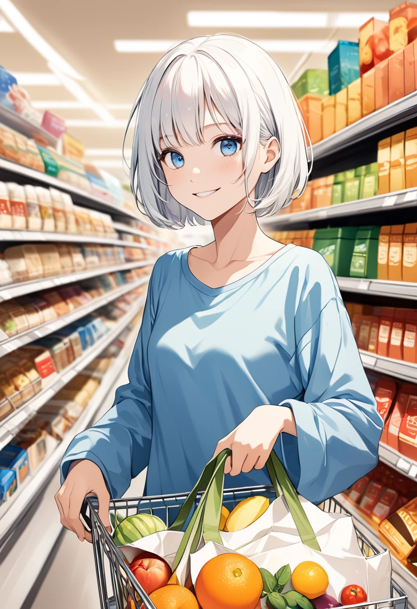 Illustration, anime, grocery store, blue eyes, short white hair, unblemished skin, wide smile, visible collarbone, side view, focused on shopping