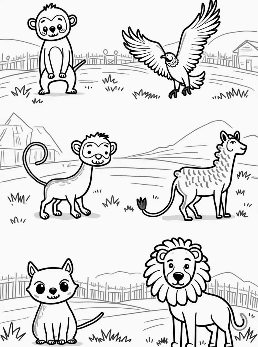 Simple line drawings of florest animals like monkey, eagles, javali, and lion. Include florest elements like wooden fences, barns, and fields. The style should be easy for children to color