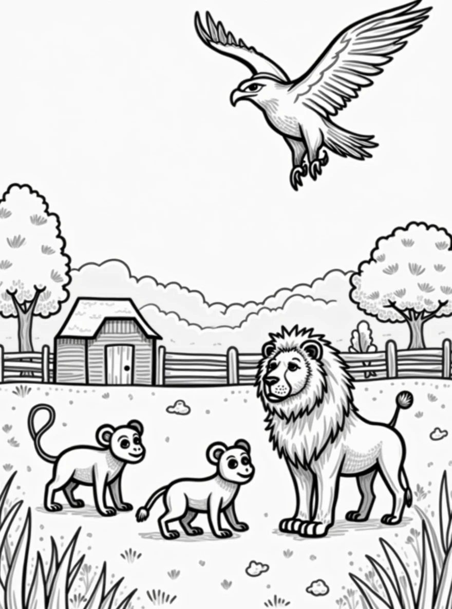 Simple line drawings of florest animals like monkey, eagles, javali, and lion. Include florest elements like wooden fences, barns, and fields. The style should be easy for children to color