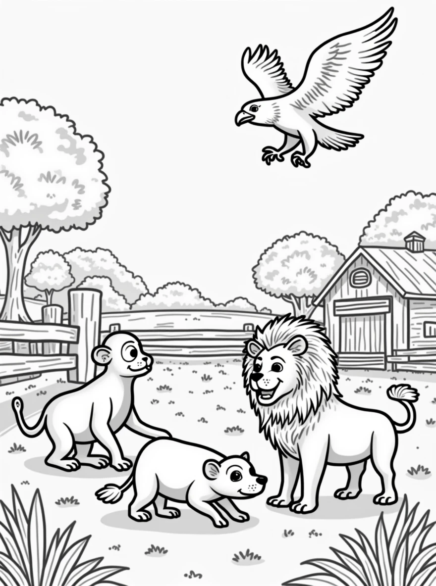 Simple line drawings of florest animals like monkey, eagles, javali, and lion. Include florest elements like wooden fences, barns, and fields. The style should be easy for children to color
