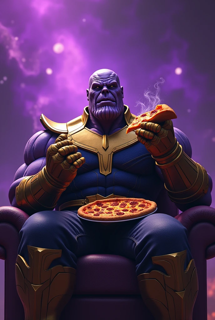Thanos eatting pizza with the background in color purple