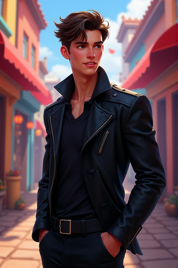 Disney style male character with black jacket