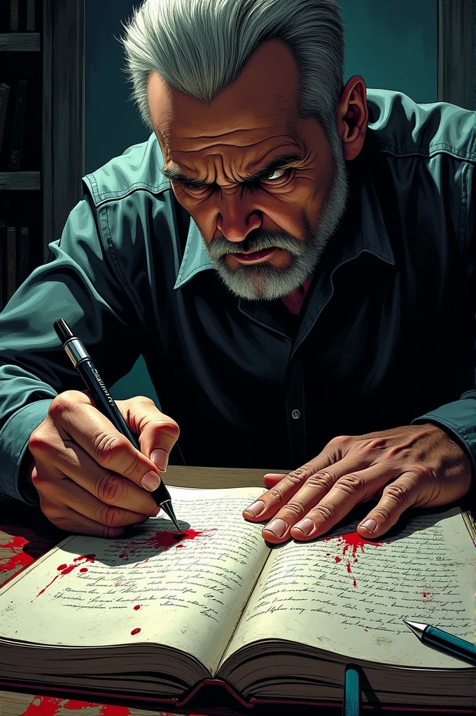 [They, a 45 year old man, furiously in his diary, the ink running as if bleeding] Create an image for a graphic novel 