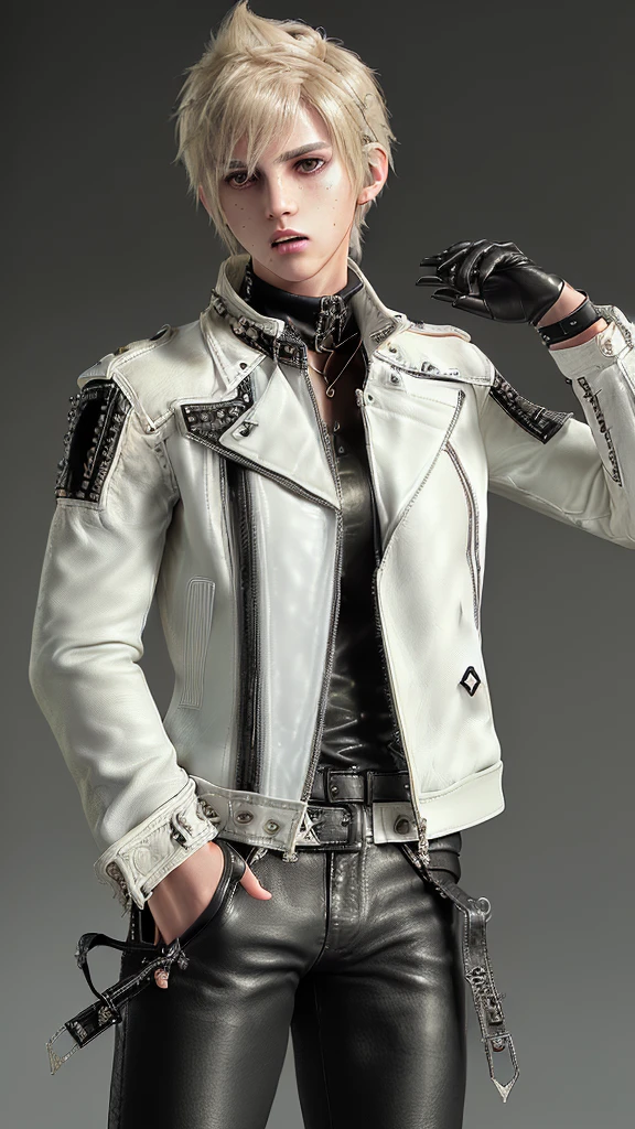 Final fantasy taste and reality graphics, (((Japanese young cute and cool ikemen  boy))), his age is early 20s, thin eyebrows and beady eyes,  ((((boy wearing off white color leather  thick and heavy material jacket)))), ((jacket is single-brest)), ((biker style jacket)), ((jacket is medium large size)),((with epaulet)), ((jacket is long sleeve)), ((((leather jacket close all zippers)))), , ((voluminous leather jacket)), ,(((jacket collar is high length and stand-up))), ((jacket collar with two belts)),  ((also wearing black thick material turtleneck polyester shirts)),  ((((put on tight black color leather pants)))),  (((((put black leather tight and thin glove on both hands))))),(((glove is covered full fingers))), ((black leather knee-high raceup boots)),((views head-to-toe)),((views whole body)), ,((((Do not show skin from the neck down)))),
Boy is black hair.