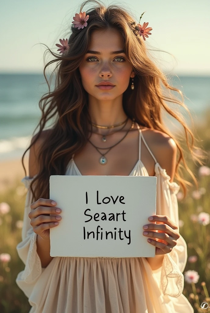 Beautiful girl with wavy long hair, bohemian dress, holding a white board with text "I Love Seaart Infinity" and showing it to the viewer