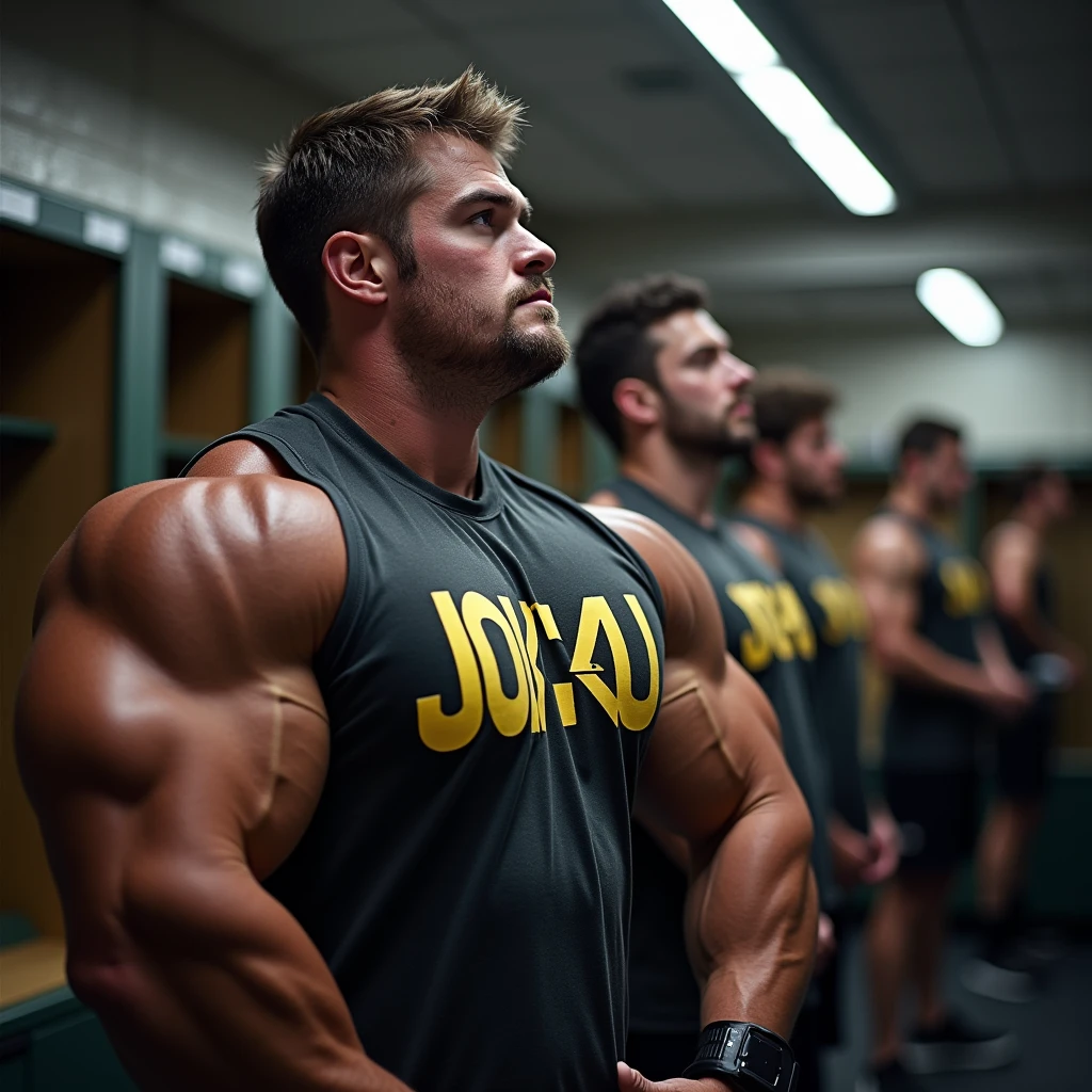 Young male college students Wearing shirts that say JOCK-U as big dumb hyper muscular bodybuilder football jock bros flexing and staring blankly into a monitor displaying a hypnotic spiral under hypnosis in a locker room doing a double bicep flex to expose sweaty armpits as he repeats, "Bigger... Dumber.... Just a big ... dumb ... jock. Huhuh.... Wut up , bro? C'mere. Watch the spiral and FLEX with me, BRO! It's good to be a JOCK." in a deep voice. Hyper swollen crotch bulge. Sweating. Mouth hanging open. Hyper muscles. Giant biceps. Giant triceps. Broad shoulders. Giant traps. Giant lats. Giant deltoids. Big meaty pecs. Brainwashing. Hypnosis. Hypnotized. Bro. IQ drain. Sweaty. Stereotype. Hypnotic trance. Entranced. Brainwashed. meathead. Musclehead. mindless. brainless. Side view.