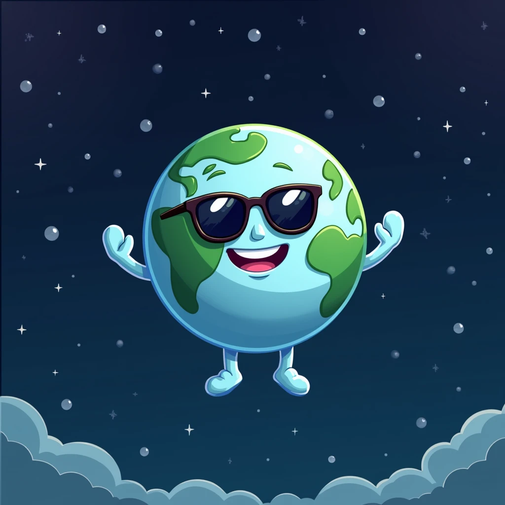 Create a logo for my tiktok profile, planet earth with arms and legs and sunglasses smiling in space