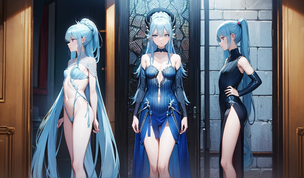 Blue haired flat chested god,Blue Dragon Horn,,The body has blue dragon scales,small dress,Blue Dragon Tail,Standing,ocean
