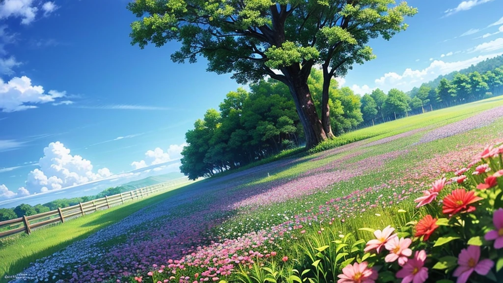 an anime-style landscape of a summer meadow. The scene features a sea of wildflowers in various colors, with butterflies fluttering around. The sky is a brilliant blue with a few fluffy white clouds. Include a quaint wooden fence in the background and a gentle breeze that makes the flowers sway. A dirt path meanders through the meadow, leading to a distant forest.