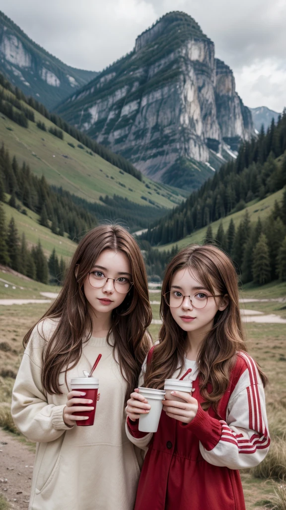 Two twins with glasses, red and white clothes, with wavy brown hair,of a landscape,a mate and a thermos