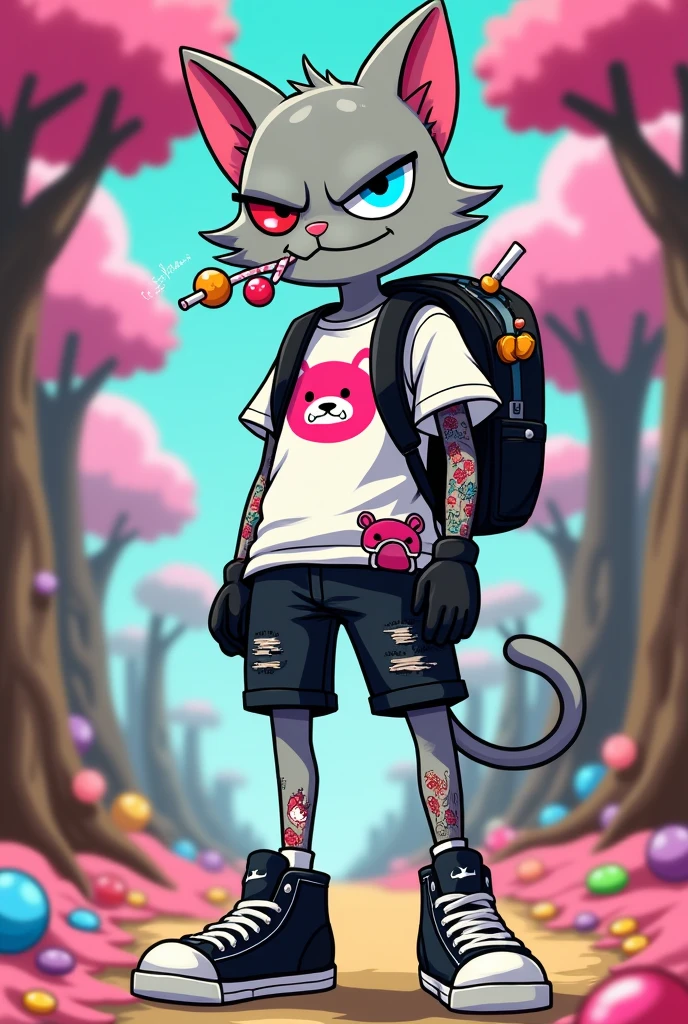 Create a male light gray skinny humanoid cat, he has a cut on his eye, the ear has a tear at the tip, wearing a ripped white blouse with a pink teddy bear print, Nike high top sneakers, black gloves with fingers showing, a lollipop holster that carries candy, A long pair of black Bermuda shorts, light blue eyes with red, he has an angry and crazy expression, Ele tem uma cara de nuts, he has some tattoos on his body, wears a black backpack and smokes a cigarette made of candy. The background should be a candy forest, the character HAS A CRAZY FACE, nuts. O estilo de arte deve ser o estilo Cartoon Adventure Time.