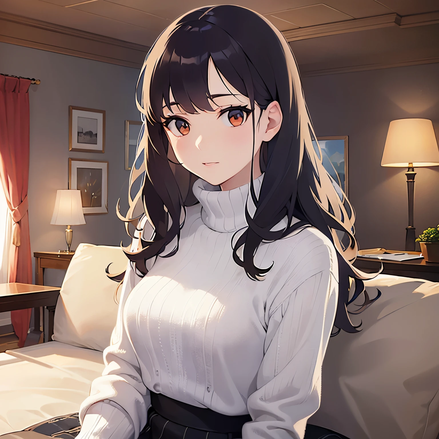 (looking away:1.5)Upper Body, 
 Realistic, real person, (pale skin: 1.2), RAW photo, photorealistic, shiny skin, shiny hair、
(A 25-year-old woman with medium-length hair and bangs) and (wavy hair) and (brown hair) and (orange eyes),
 (White turtleneck long sleeve:1.5)
shy.The background is the living room at night,Sitting