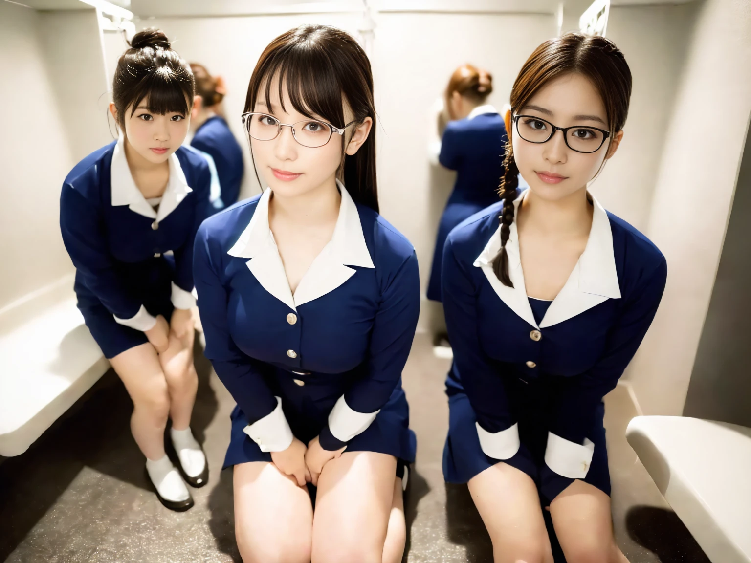masterpiece, Highest quality, figure, Very detailed, The finer details, High resolution, 8k,wallpaper, Perfect dynamic composition,(Detailed high quality, Realistic depiction of eyes:1.3),(A tight-fitting waitress uniform with buttons on the collar and chest), Seraphim, The background is an empty changing room, Deep in the field, Black hair color, Big Natural Color Lip, (Perfect figure), (smile)、Harajuku Style, Adorable expression、Expressions of happiness、Amazingly cute、Cute type、Beautiful feet, Idol Sculpture、(Changing clothes in the changing room:1.5)、(In the process of taking off clothes:1.5)、(Braid)、Glasses、Big Breasts