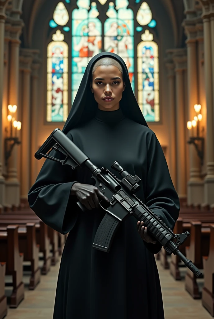 [Core Concept] A young and beautiful nun, wielding an assault rifle and standing before a grand altar in a solemn chapel.

[Character Description] The nun is depicted as youthful and strikingly beautiful, with a shaved head that adds an unexpected edginess to her appearance. She holds an assault rifle, its muzzle pointed directly at the viewer, creating a sense of tension and unease.

[Environment/Background] The scene takes place within a grand, ornate chapel, with intricate stained glass windows casting colorful light upon the surroundings. The towering altar serves as the focal point, underscoring the sacred and solemn nature of the setting.

[Style and Atmosphere] The overall atmosphere is one of grandeur and solemnity, with a militaristic and ominous undertone. The juxtaposition of the nun's beauty and the deadly weapon she wields creates a disquieting and unsettling tension.

[Composition] The nun is positioned at the center of the frame, her imposing figure and the assault rifle dominating the composition. The stained glass windows and the altar frame her, creating a sense of depth and adding to the dramatic, cinematic quality of the scene.

[Details and Embellishments] The nun's physique is exaggerated, with an emphasis on her large, prominent breasts, further heightening the visual impact and the sense of incongruity. The chapel's intricate architectural details and the dramatic lighting contribute to the overall sense of grandeur and solemnity.

[Technical Specifications] The image is rendered with a high level of realism and attention to detail, with a focus on creating a visually striking and thought-provoking composition.