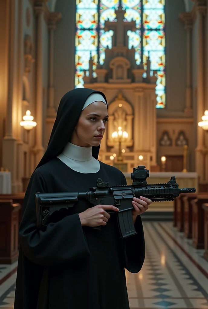 [Core Concept] A young and beautiful nun, wielding an assault rifle and standing before a grand altar in a solemn chapel.

[Character Description] The nun is depicted as youthful and strikingly beautiful, with a shaved head that adds an unexpected edginess to her appearance. She holds an assault rifle, its muzzle pointed directly at the viewer, creating a sense of tension and unease.

[Environment/Background] The scene takes place within a grand, ornate chapel, with intricate stained glass windows casting colorful light upon the surroundings. The towering altar serves as the focal point, underscoring the sacred and solemn nature of the setting.

[Style and Atmosphere] The overall atmosphere is one of grandeur and solemnity, with a militaristic and ominous undertone. The juxtaposition of the nun's beauty and the deadly weapon she wields creates a disquieting and unsettling tension.

[Composition] The nun is positioned at the center of the frame, her imposing figure and the assault rifle dominating the composition. The stained glass windows and the altar frame her, creating a sense of depth and adding to the dramatic, cinematic quality of the scene.

[Details and Embellishments] The nun's physique is exaggerated, with an emphasis on her large, prominent breasts, further heightening the visual impact and the sense of incongruity. The chapel's intricate architectural details and the dramatic lighting contribute to the overall sense of grandeur and solemnity.

[Technical Specifications] The image is rendered with a high level of realism and attention to detail, with a focus on creating a visually striking and thought-provoking composition.