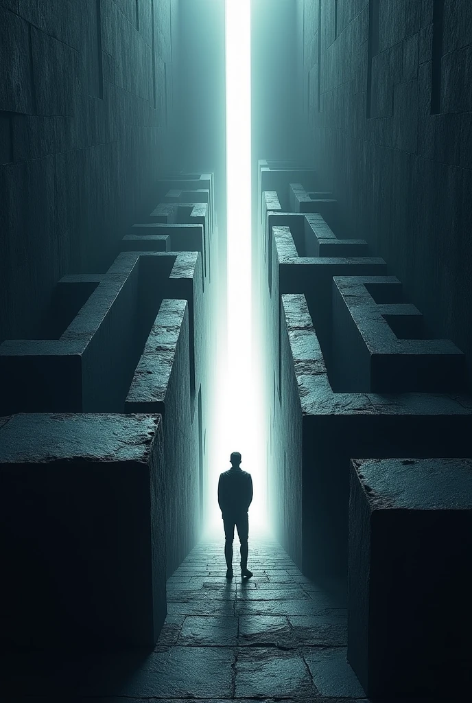 Generate a clean, text-free conceptual image depicting the journey of overcoming challenges. The scene should feature a figure standing at the entrance of a complex, dark maze, symbolizing life's struggles. In the distance, a bright light emanates from the exit of the maze, representing hope, achievement, and progress. The figure should be shown walking towards the light, with the maze's dark walls gradually giving way to an open and clear path. Include elements like shadows, light beams, or abstract patterns to enhance the theme, but ensure the image remains free of any text or writing.