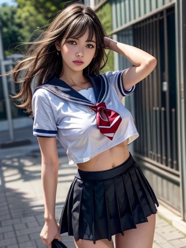 (Super realistic), (An illustration), (High resolution), (8K), (very detailed), (The best An illustrationneautiful detailed eyes), (highest quality), (very detailed), (masterpiece), high school, (detailed face), solo, Sexy , big breasts,white wavy hair, dichromatic eyes, long legs, strong abdominal muscles, Dynamic Posing,mini skirt姿,sailor suit,One High School Girl,make underwear visible,Street style,retrospective perspective,(Skirt blowing in the wind,Skirt with visible buttocks,)various poses,mini skirt,sexy panties,(((Lifting the skirt with your hands))), ojos azules, pelo rubio carita angelical, ropa de playa