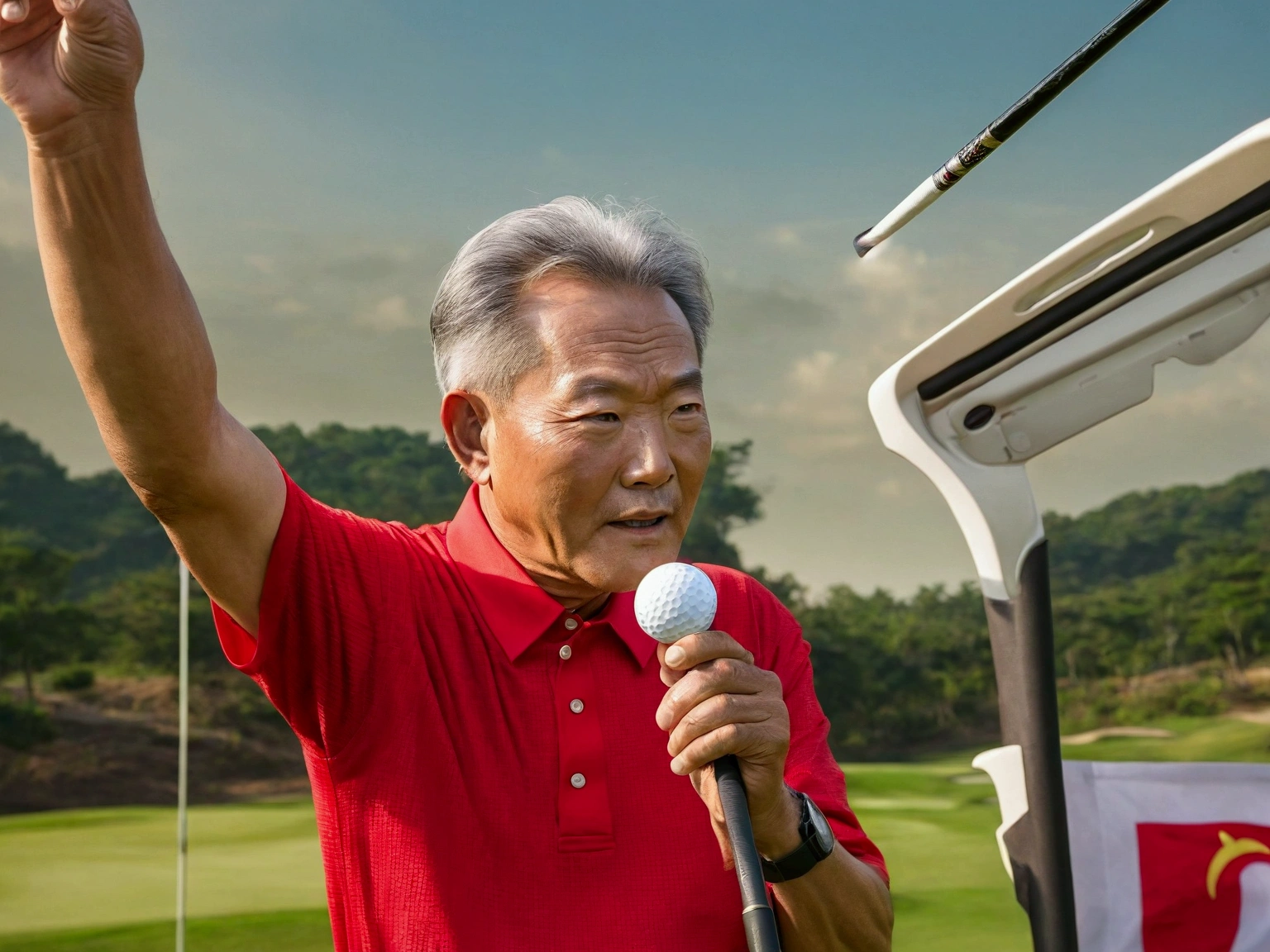 "A 60-year-old man winning a golf tournament, wearing a red shirt, Korean, realistic style."