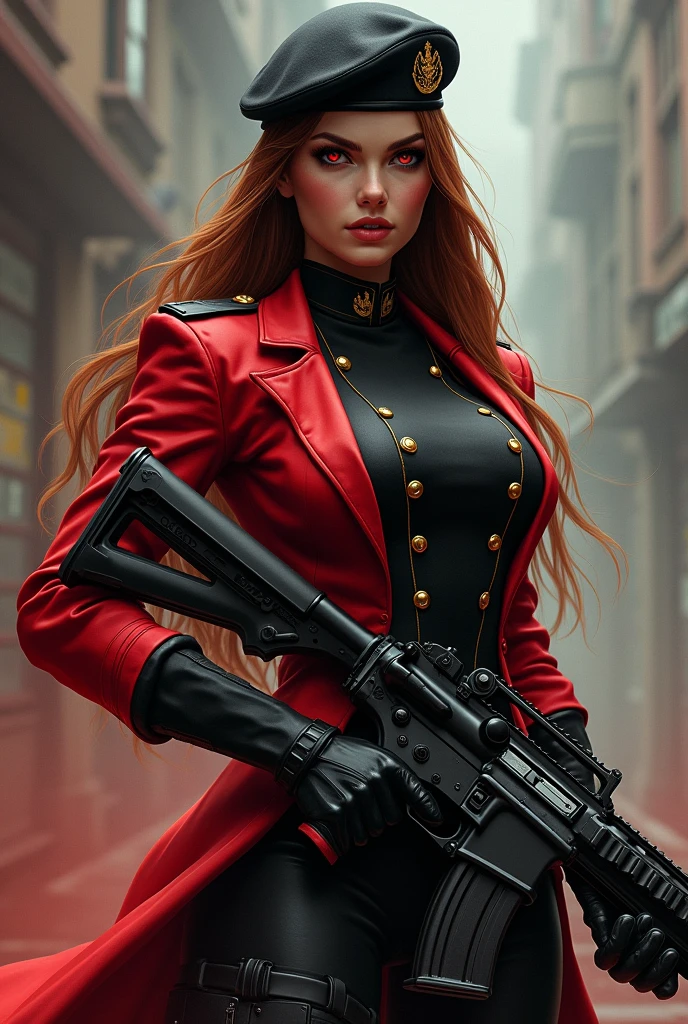 I made them wear military uniforms that were a mix of red and black.、Wearing a black beret、Based on fnscar, I drew a beautiful girl with long chestnut hair, red eyes and a big ass holding a gun.
