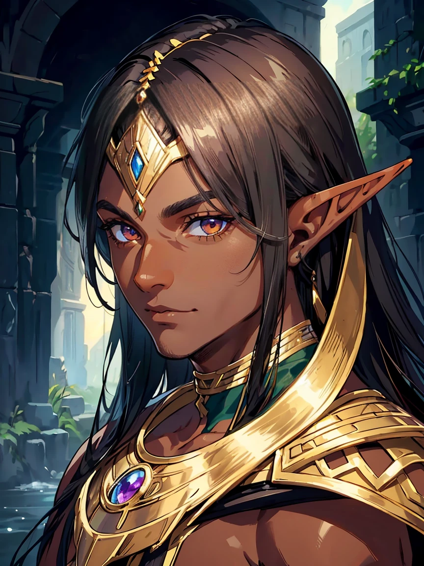 Long black hair, dark brown eyes, close up, portrait, dark eyes, solo, very long hair, handsome older man,Hyperresolution,accuracy,Detailed rendering,(Image of fine hair)(topquality)(Masterpieces of masters)(High degree of completeness)(A sense of atmosphere)tmasterpiece,Super detailed and super detailed(((half-body portrait)))((Elf male)))(((Tanned skin)))(((Dark skin)))(((Elf male)))(((Tribal clothing)))(((egyptian)))