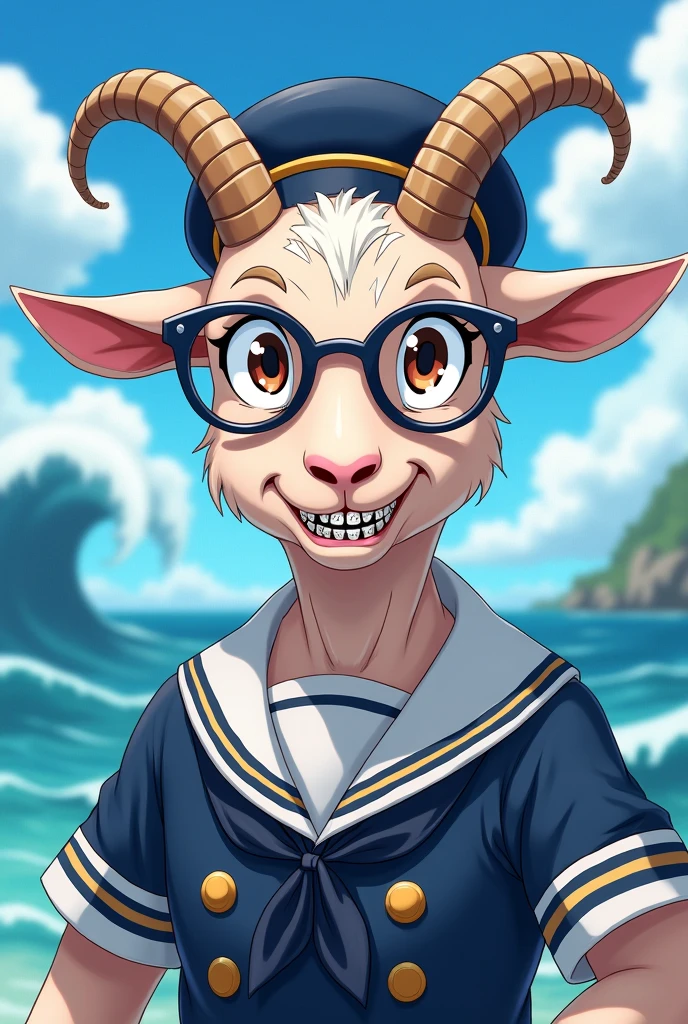 Image of a goat in a sexy sailor suit with glasses and braces anime style