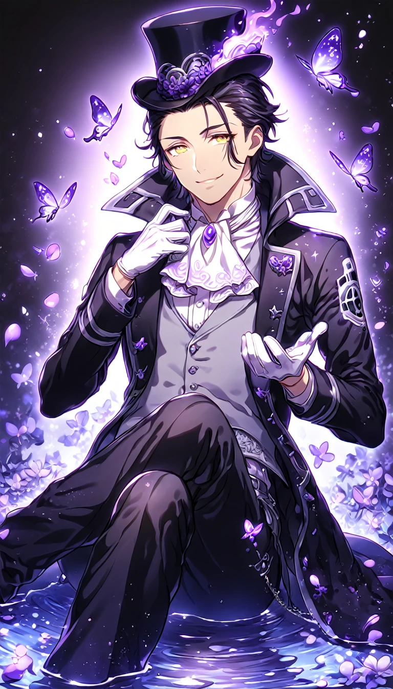 Ultra detailed, HDR, Highres, absurdres, master piece, Tyki Mikk, black hair, hair slicked back, ruffled wavy hair, short hair, expressive yellow eyes, dark gray skin, black coat, white shirt, white cravat, white gloves, gray vest, D.Gray-man, black gentleman hat, black pants, sexy man sitting, handsome, purple flowers, petals, fantasy, magical, purple leaves, handsome, best quality, glittering, sensual, horny, water, purple shining fireflies, solo, small purple butterflies, purple flames, noah, handsome smile