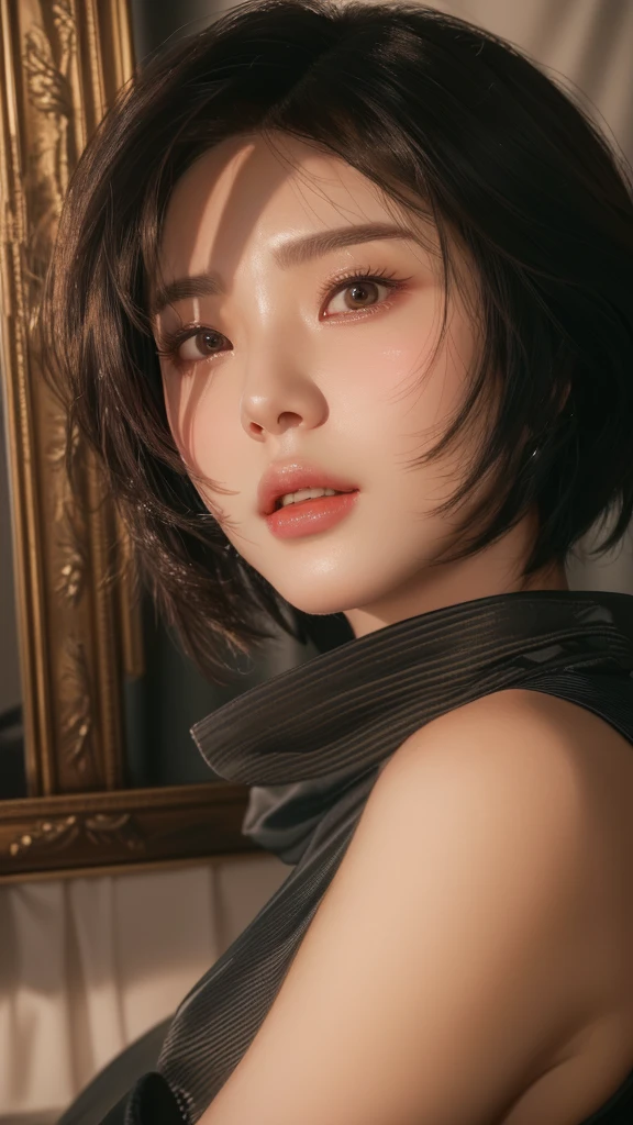 A woman in her 50s holding a mobile phone in front of a mirror, Short Hair, Soft Portrait Shot 8k, Super villain IU Lee Ji-eun, Realistic Anime 3D Style, Gweiz-style artwork, 8K Portrait Rendering, Anime realism style, 8K Art Germany Bokeh, Portraits of Korean female idols, Ultra realistic anime