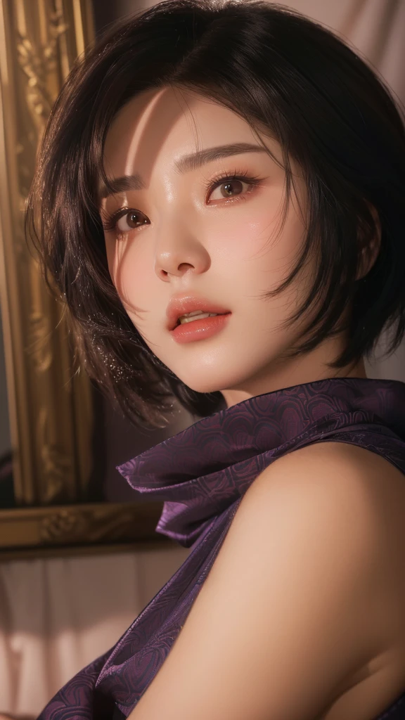 A woman in her 50s holding a mobile phone in front of a mirror, Short Hair, Soft Portrait Shot 8k, Super villain IU Lee Ji-eun, Realistic Anime 3D Style, Gweiz-style artwork, 8K Portrait Rendering, Anime realism style, 8K Art Germany Bokeh, Portraits of Korean female idols, Ultra realistic anime