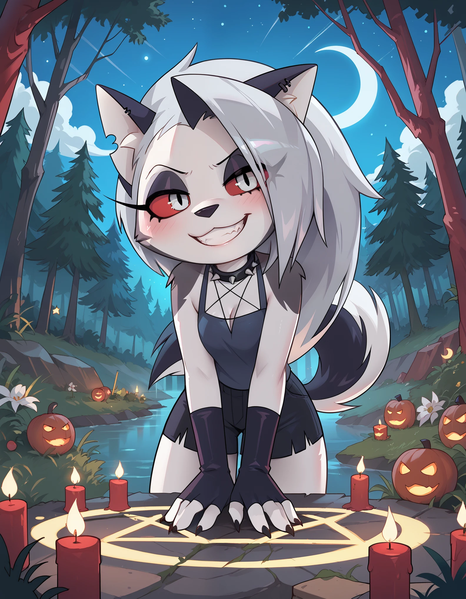 score_9_up, score_8_up, score_7_up,  rating_safe, furry, anthro, solo, loona(jizokumode), hellhound, red sclera, loona (helluva boss), tanktop, fingerless gloves, excited, blep, forest, night, stars, crescent moon, solo, forced smile, 4 fingers, inverted pentagram,