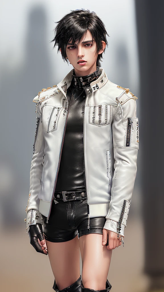 Final fantasy taste and reality graphics, (((Japanese young cute and cool ikemen  boy))), his age is early 20s, thin eyebrows and beady eyes,  ((((boy wearing off white color leather  thick and heavy material jacket)))), ((jacket is single-brest)), ((biker style jacket)), ((jacket is medium large size)),((with epaulet)), ((jacket is long sleeve)), ((((leather jacket close all zippers)))), , ((voluminous leather jacket)), ,(((jacket collar is high length and stand-up))), ((jacket collar with two belts)),  ((also wearing black thick material turtleneck polyester shirts)),  ((((put on tight black color leather long pants)))),  (((((put black leather tight and thin glove on both hands))))),(((glove is covered full fingers))), ((black leather knee-high raceup boots)),((views head-to-toe)),((views whole body)), ,((((Do not show skin from the neck down)))),
Boy is black hair.