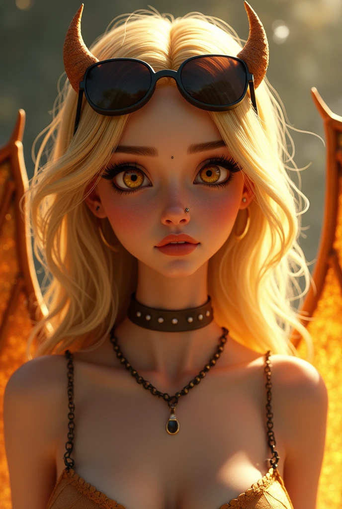 Animated woman, bright golden eyes, very bright, thick lips, thin splashed nose, Golden hair, big bust and big hips, tattoos on the skin, with a little chain from one side of the nose to the other, golden dress uncovered, golden demon-type wings and trendy sunglasses on head.