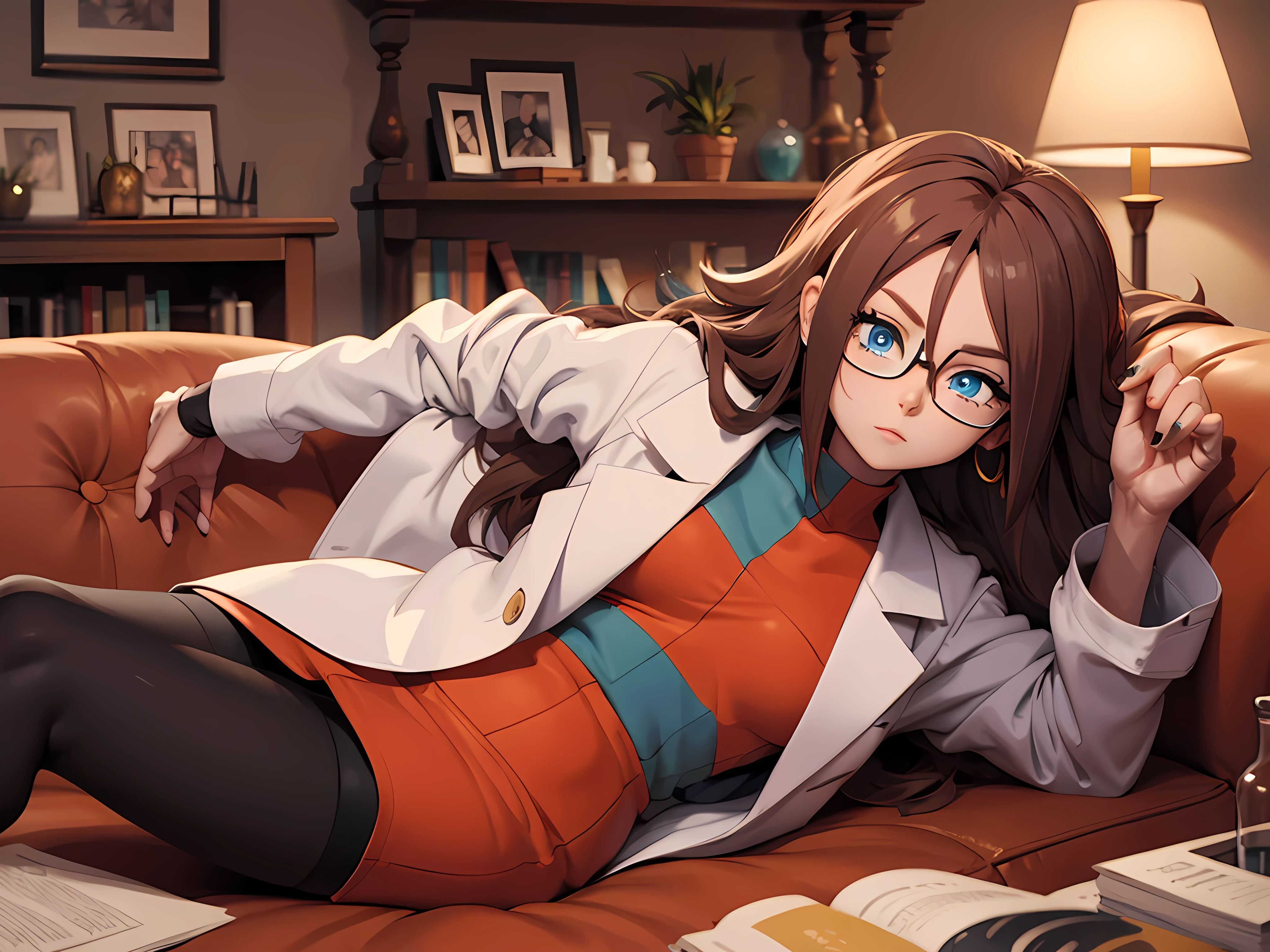 android 21, glasses, long brown hair, glasses, blue eyes, plaid dress, lab coat, tights, looking at viewer, serious, lying down, on sofa, cozy living room, lamp, high quality, Artwork art, 