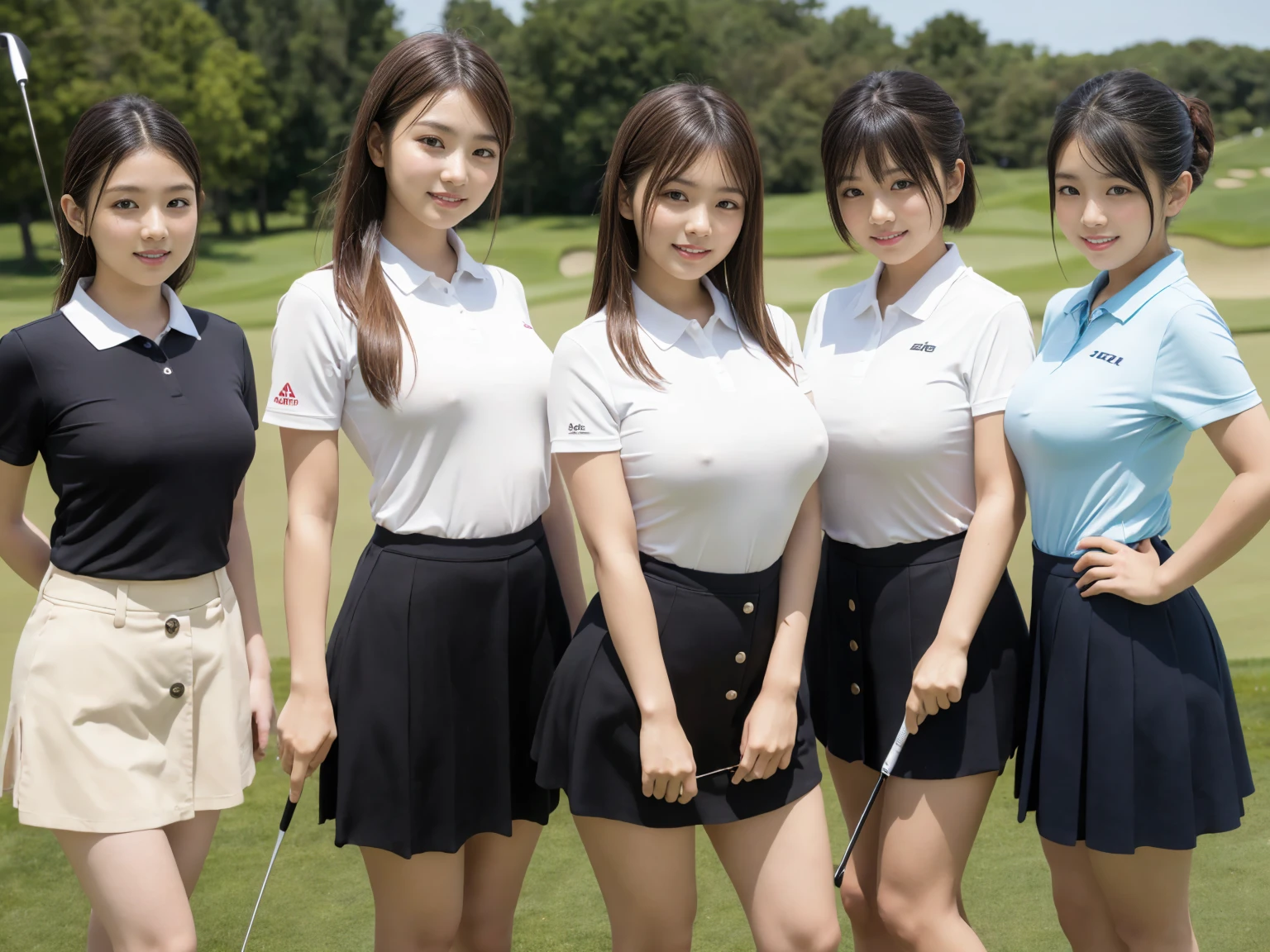 masterpiece, Highest quality, figure, Very detailed, The finer details, High resolution, 8k,wallpaper, Perfect dynamic composition,(Detailed high quality, Realistic depiction of eyes:1.3), Tight-fitting golf wear with buttons on the collar and chest, Tight golf skirt, Seraphim, Short Bob Hair, The background is an empty golf course, Deep in the field, Large Breasts, Black hair color, Big Natural Color Lip, (Perfect figure), (smile)、Harajuku Style、Three Japanese  girls:1.3), Adorable expression、Expressions of happiness、10 years old、heigby Face、Amazingly cute、Cuteutiful feet, Idol Sculpture、(Big Breasts)