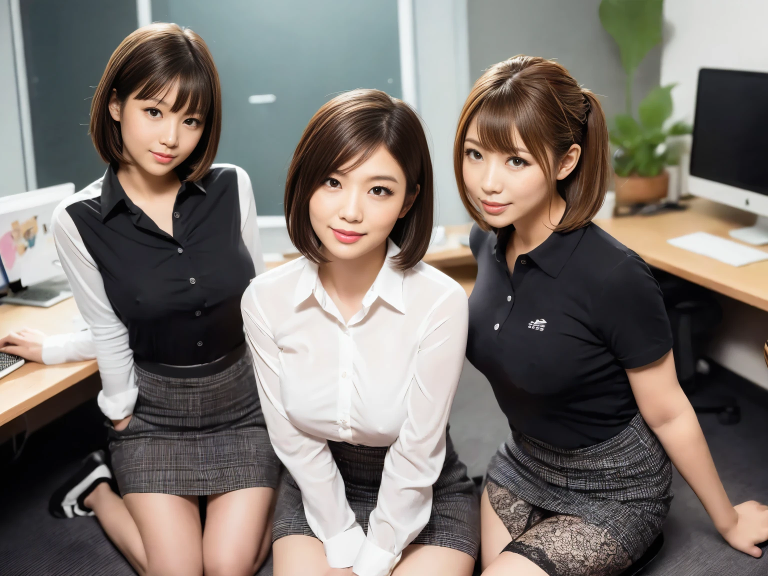 masterpiece, Highest quality, figure, Very detailed, The finer details, High resolution, 8k,wallpaper, Perfect dynamic composition,(Detailed high quality, Realistic depiction of eyes:1.3), (Three Girls), A tight-fitting business shirt with buttons on the collar and chest, Short tight skirt, Seraphim, Short Bob Hair, The background is an empty office, Deep in the field, Black hair color, Big Natural Color Lip, (Perfect figure), (smile)、Harajuku Style、Beautiful Japanese women:1.4), Adorable expression、Expressions of happiness、Very beautiful、Beautiful feet, Idol Sculpture、Big Breasts