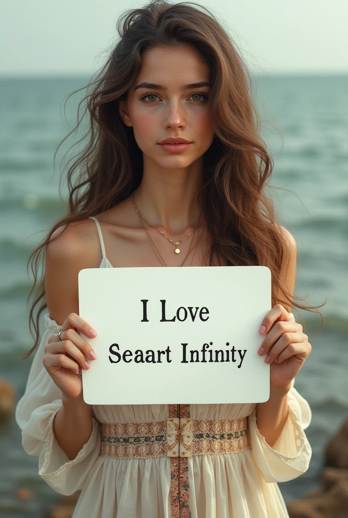Beautiful girl with wavy long hair, bohemian dress, holding a white board with text "I Love Seaart Infinity" and showing it to the viewer