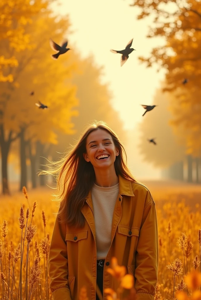Create an image of a woman standing in a vast autumn field, showcasing the power of her smile. The scene is bathed in warm, golden-yellow tones, with the leaves on the trees in shades of yellow, amber, and soft orange. She is surrounded by tall grasses and vibrant autumn plants, all reflecting the golden hues of the season. Birds fly gently around her, adding to the sense of harmony. The woman's smile is radiant, exuding warmth, confidence, and joy. The overall atmosphere should be one of natural beauty, tranquility, and the uplifting power of a genuine smile, enhanced by the rich yellow tones of the autumn landscape.