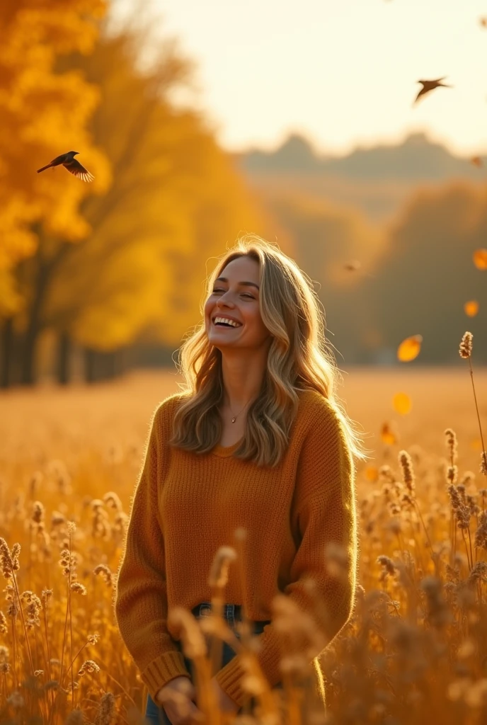 Create an image of a woman standing in a vast autumn field, showcasing the power of her smile. The scene is bathed in warm, golden-yellow tones, with the leaves on the trees in shades of yellow, amber, and soft orange. She is surrounded by tall grasses and vibrant autumn plants, all reflecting the golden hues of the season. Birds fly gently around her, adding to the sense of harmony. The woman's smile is radiant, exuding warmth, confidence, and joy. The overall atmosphere should be one of natural beauty, tranquility, and the uplifting power of a genuine smile, enhanced by the rich yellow tones of the autumn landscape.