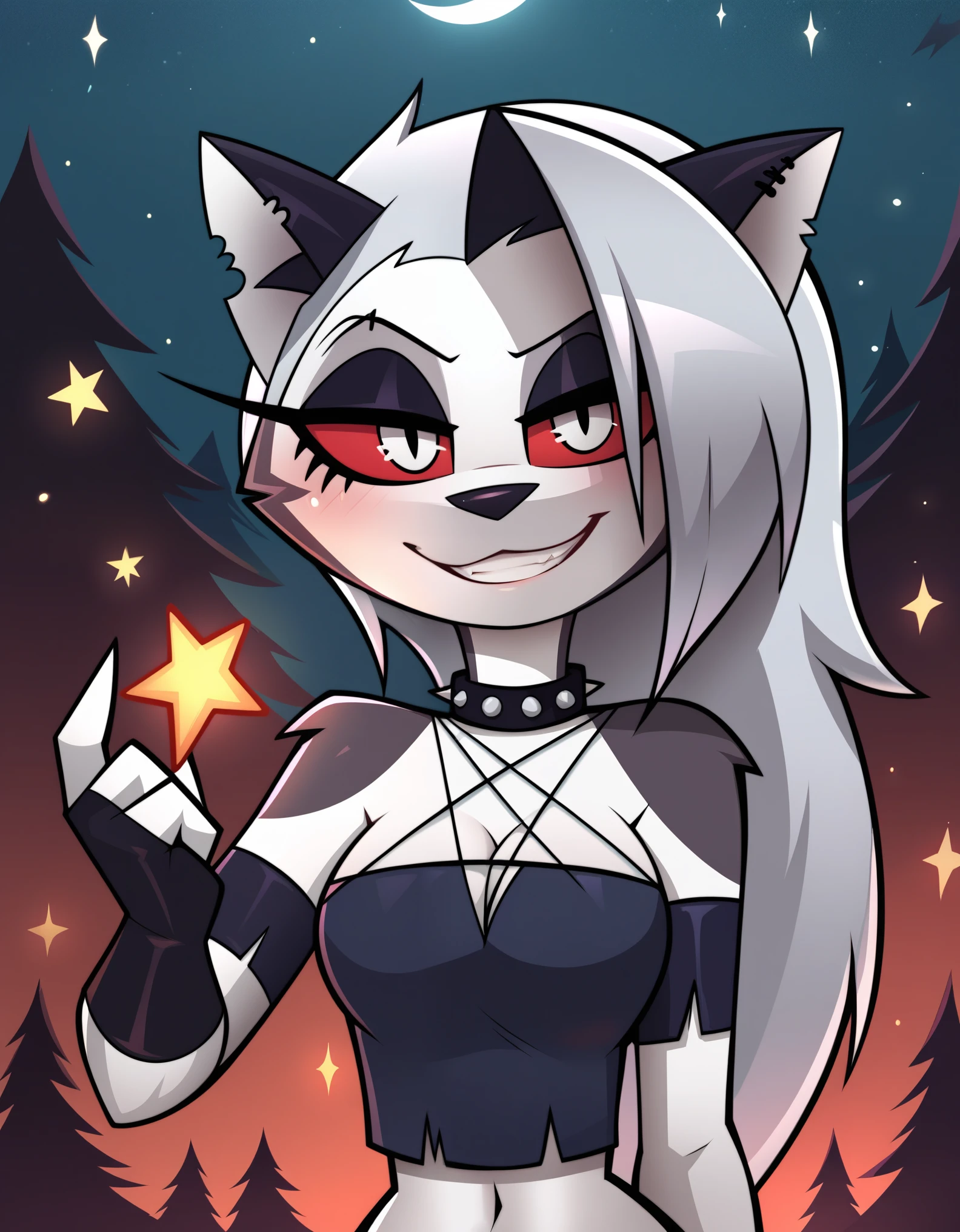 score_9_up, score_8_up, score_7_up,  rating_safe, furry, anthro, solo, loona(jizokumode), hellhound, red sclera, loona (helluva boss), tanktop, fingerless gloves, excited, blep, forest, night, stars, crescent moon, solo, forced smile, 4 fingers, inverted pentagram,