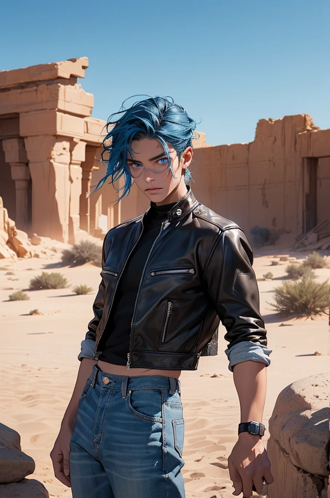 [Core Concept] A young man with striking blue eyes and hair, passionately speaking into a microphone against the backdrop of a desolate desert ruin.

[Character Description] The man has a youthful, captivating appearance, with piercing blue eyes, long eyelashes, and vibrant blue hair. He is dressed in a leather jacket and light blue denim pants, conveying a sense of rugged style.

[Environment/Background] The scene is set in a desert landscape, with the crumbling ruins of an ancient structure providing a stark and weathered backdrop. Scattered desert plants dot the arid surroundings, adding to the sense of isolation and desolation.

[Style and Atmosphere] The overall atmosphere is one of raw, emotive energy, with the young man's intense expression and the rugged desert setting creating a powerful and evocative visual narrative.

[Composition] The composition places the man at the center, his microphone-wielding figure commanding attention, while the desert ruin and plants frame and contextualize the scene.

[Details and Embellishments] The man's long eyelashes and the subtle textures of his leather jacket and denim pants add depth and nuance to the character, further enhancing the visual interest and realism of the image.

[Technical Specifications] The image should be rendered with a high level of detail and realism, capturing the intricate textures and lighting of the desert setting, as well as the expressive features and body language of the young man.