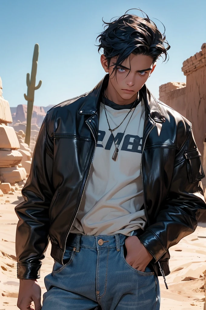 [Core Concept] A young man with striking blue eyes and hair, passionately speaking into a microphone against the backdrop of a desolate desert ruin.

[Character Description] The man has a youthful, captivating appearance, with piercing blue eyes, long eyelashes, and vibrant blue hair. He is dressed in a leather jacket and light blue denim pants, conveying a sense of rugged style.

[Environment/Background] The scene is set in a desert landscape, with the crumbling ruins of an ancient structure providing a stark and weathered backdrop. Scattered desert plants dot the arid surroundings, adding to the sense of isolation and desolation.

[Style and Atmosphere] The overall atmosphere is one of raw, emotive energy, with the young man's intense expression and the rugged desert setting creating a powerful and evocative visual narrative.

[Composition] The composition places the man at the center, his microphone-wielding figure commanding attention, while the desert ruin and plants frame and contextualize the scene.

[Details and Embellishments] The man's long eyelashes and the subtle textures of his leather jacket and denim pants add depth and nuance to the character, further enhancing the visual interest and realism of the image.

[Technical Specifications] The image should be rendered with a high level of detail and realism, capturing the intricate textures and lighting of the desert setting, as well as the expressive features and body language of the young man.