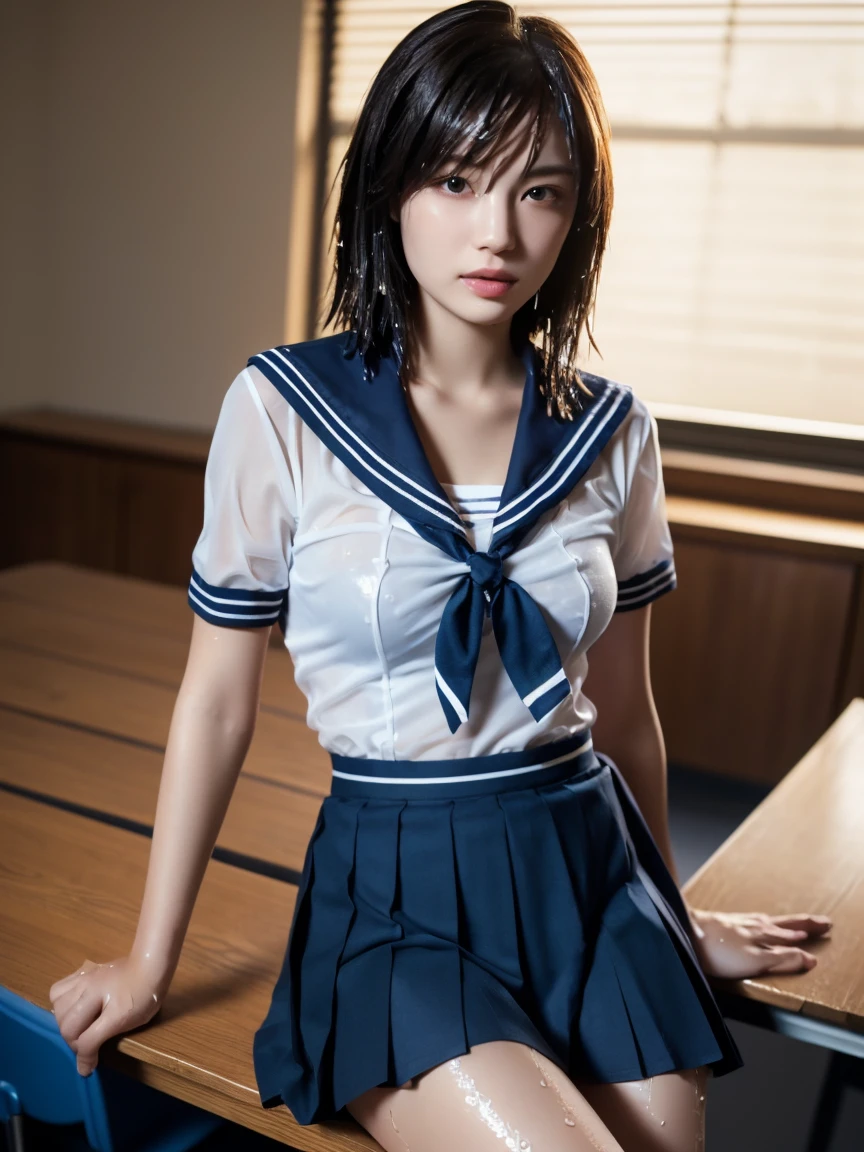 (masterpiece:1.2), Very detailed, Ultra-high resolution, (Realistic, photo Realistic:1.6), High-resolution RAW color photos, Professional photos, Sharp focus:1.2, (Very detailed顔と肌の質感, Very beautiful eyes, Glossのある肌, Glowing Skin, Glowing Skin, Shining Face, Gloss, Oily skin, greasy face, Oily skin, greasy face,),, (real Glossのある肌 texture), Perfect Anatomy, Very detailed背景,(High school classroom at night),((1 female)),25-year-old woman, Japanese women,height: 168cm,(short hair, Straight hair, bangs, Brown Hair),((Flat Chest:1.6)),(Slim, thin legs), ((((Short Sleeve White Sailor School Uni形状、Navy blue pleated skirt:1.5、Perfectly detailed sexy bra covered by sailor suit:1.4))),Sit at a desk、((((Wet and sheer sailor suit:1.5))))