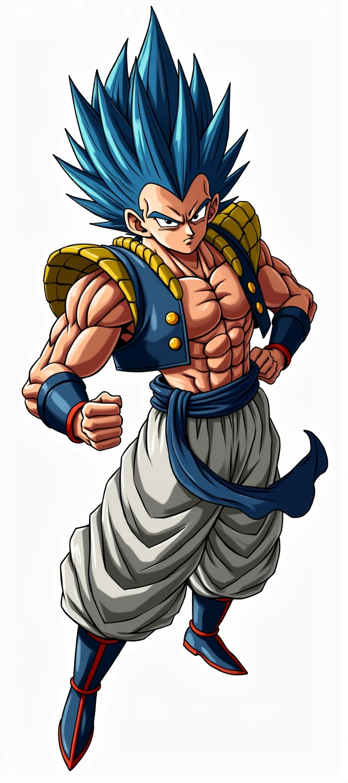 Create an image of the character Gogeta with the transformation of ssjgod  with the clothes of the Metamoran race and with the art style of the Dragon Ball anime