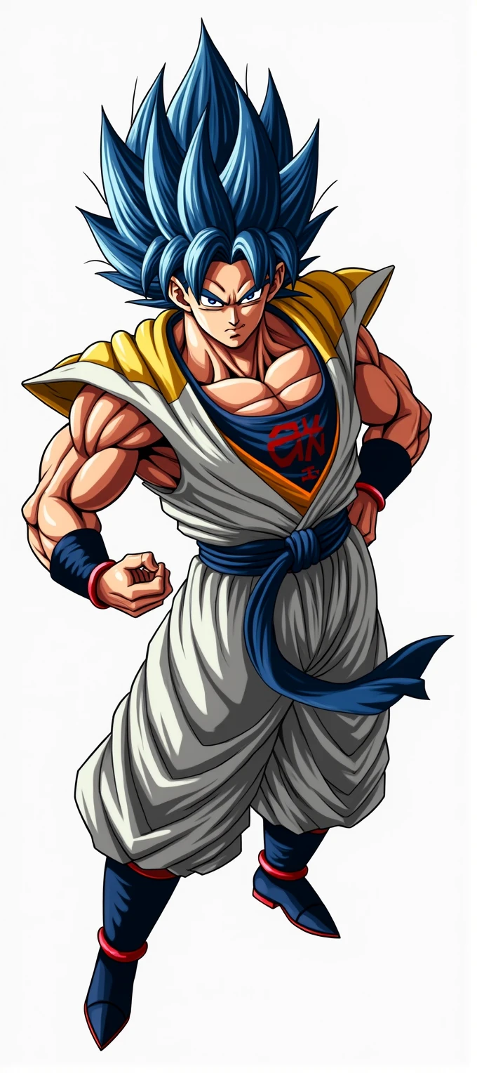 Create an image of the character Gogeta with the transformation of ssjgod  with the clothes of the Metamoran race and with the art style of the Dragon Ball anime