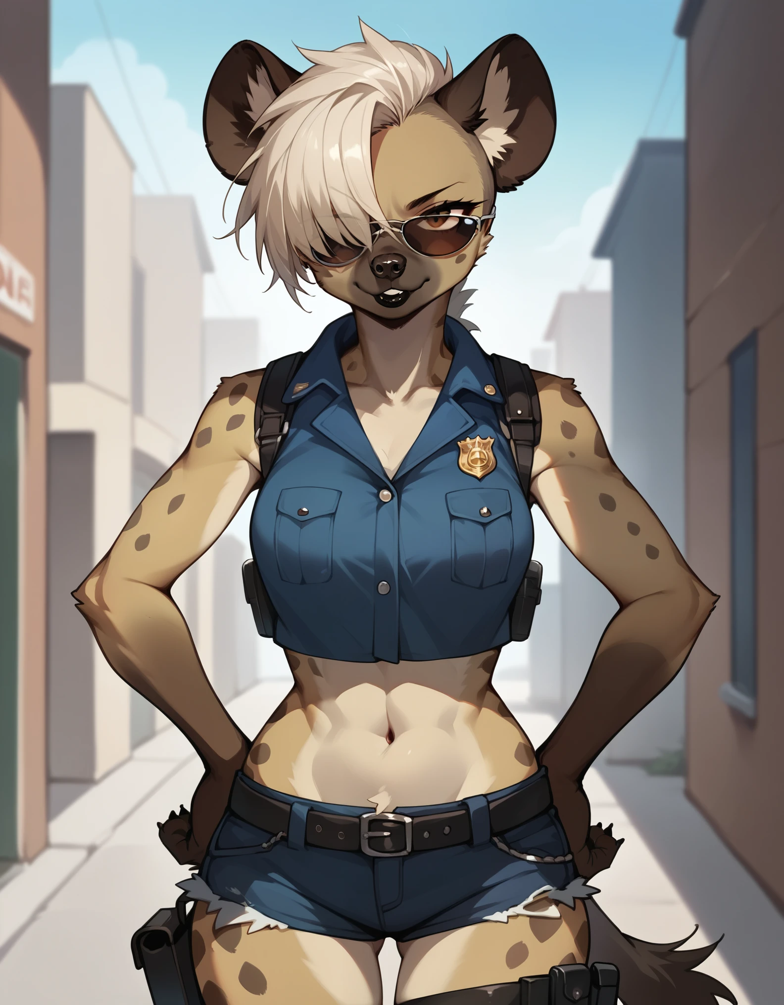 Solo, score_9,score_8_up,score_7_up, score_6_up, source_anime, kemono style, Trisha, female spotted hyena, brown snout, black nose, short spiked undercut platinum blonde hair, black lips, hyena tail, brown hyena ears, wearing black aviator sunglasses over eyes, wearing skimpy police uniform, crop top police vest, blue short shorts, waist belt, gun holster, hands on waist, outdoors, in an alley, nighttime